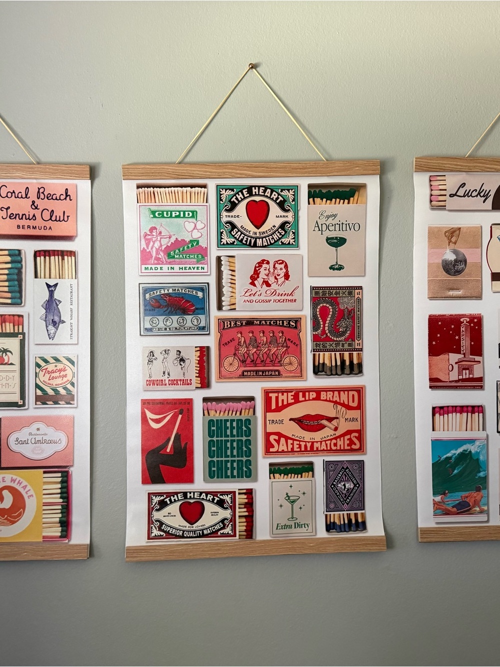 Set of 3 Vintage Matchbox Collage Wall Art - Red, Green, Cream, Black